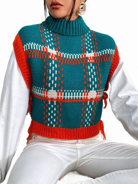 

women's sweaters 1pc plaid turtleneck sweater vest 84ck#, White;black