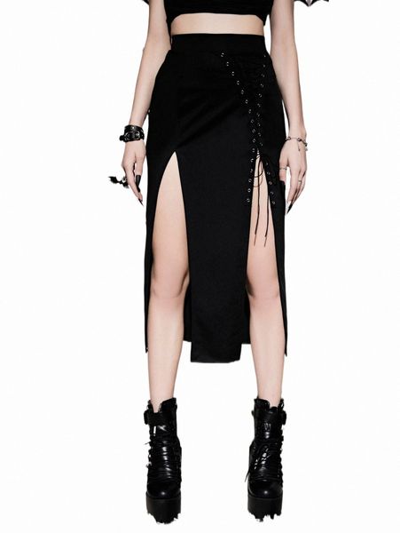 

skirts high waist grommet eyelet lace up split thigh skirt 10lp#, Black