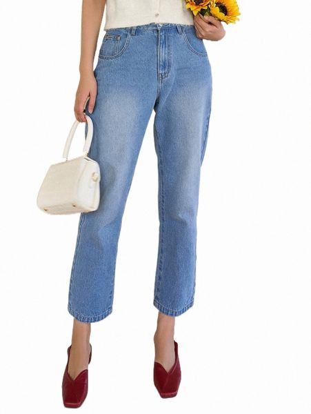

women's jeans dazy high waist bleach wash straight leg jeans 34a7#, Blue