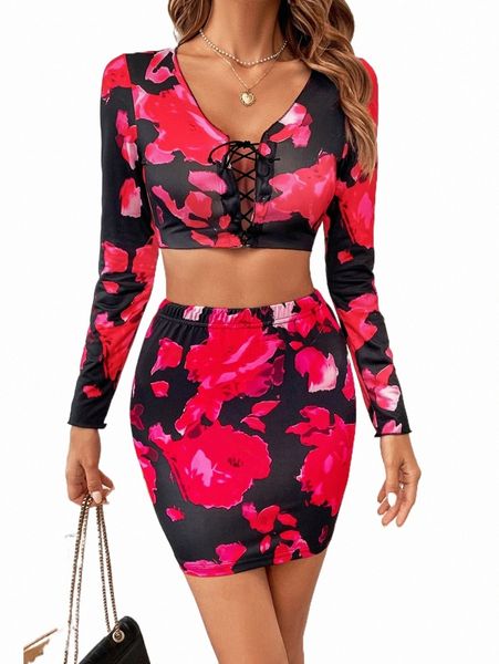 

two piece dress allover print lace up crop & bodycon skirt s2gt#, White