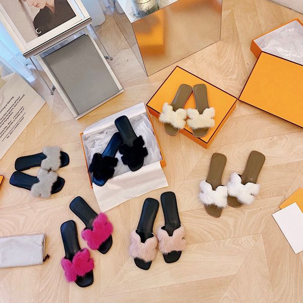 

h slippers mink fair fur slides womens warm plush sandals flat slipper designers women soft furry winter luxury rubber sole mules loafers, Black