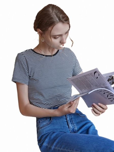 

women's t-shirt simple retro striped print tee 77lh#, White