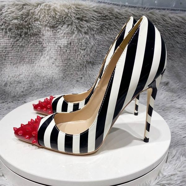 

patchwork black white striped shoes spikes pointed toe red bottom party wedding shoe women zebra stiletto high heels italian style ladies sl