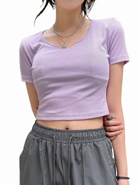 

women's t-shirt dazy notched neck rib-knit crop tee q1bx#, White