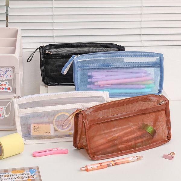 

black pencil case pen pouch marker bag transparent lightweight double layer gauze pen bags for school office business 1223081