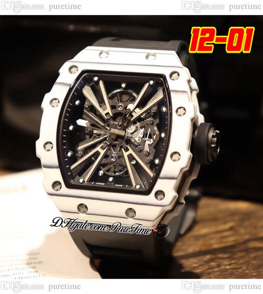 

2022 12-01 miyota automatic mens watch ntpt white carbon fiber case skeleton dial big date black rubber strap 4 styles watches puretime b2, Slivery;brown