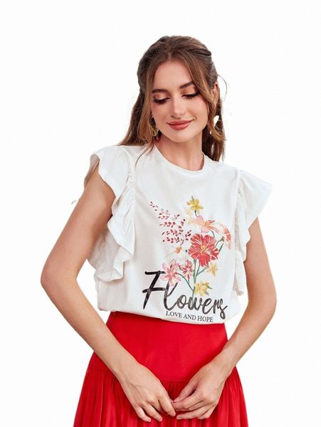 

women's t-shirt floral & letter graphic ruffle trim tee a3z9#, White