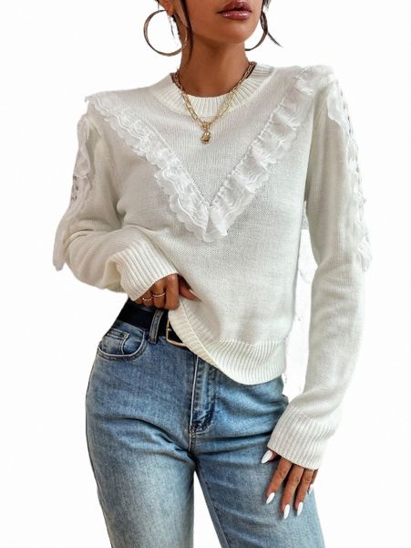 

women's sweaters layered lace trim pointelle knit sweater g1id#, White;black