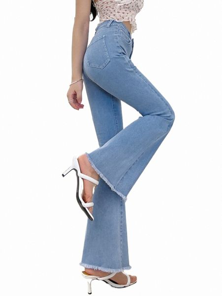 

women's jeans dazy high waist raw trim flare leg jeans p6hm#, Blue