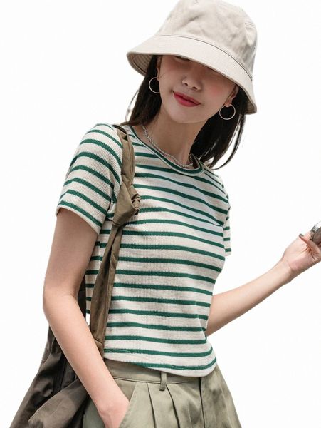 

women's t-shirt dazy striped print round neck tee h09n#, White
