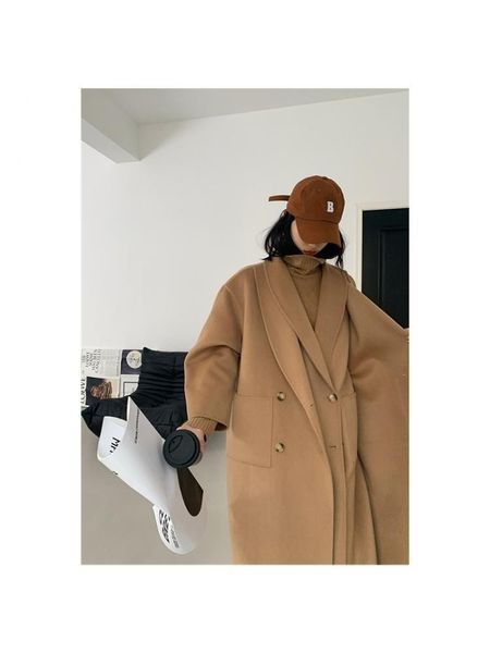 

women's wool blends double placket thickened green fruit collar long woolen overcoat women korean style winter loose 100% wool coat jac, Black