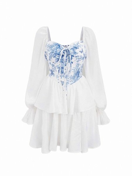 

casual dresses mod floral print flounce sleeve drawstring dress s1ln#, Black;gray