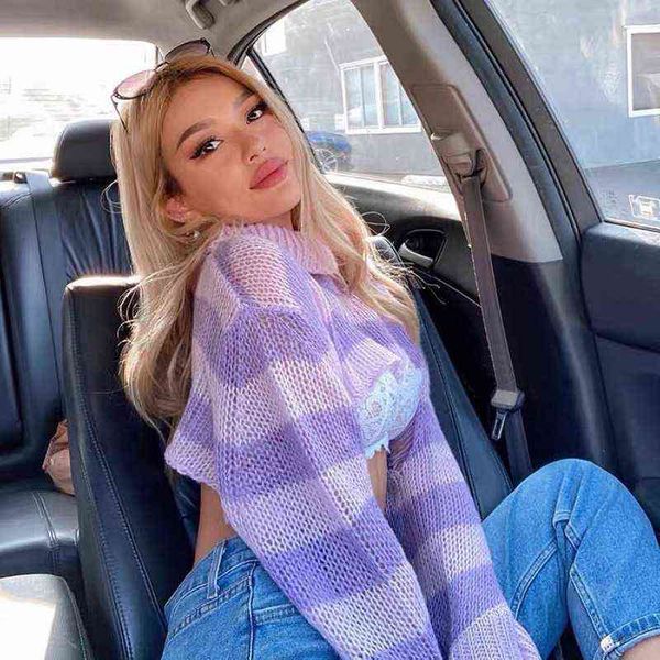 

women's sweaters 2022 women turtleneck sweater fashion batwing sleeve knitwear clothing pink and purple striped hole cropped pullover s, White;black