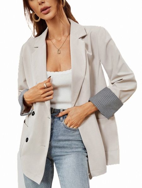 

women's two piece pants plaid roll cuff double breasted blazer 42bv#, White