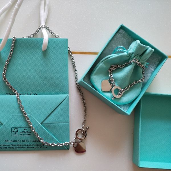 

new luxury designer sterling silver heart bangle bracelet necklace set shape original fashion classic bracelet women jewelry gift with box3