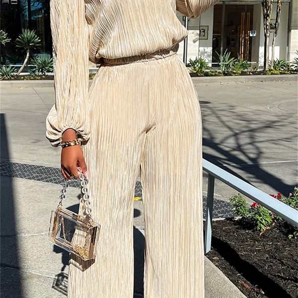 

womens two piece pants chocomist twopieces fashion solid folds lantern sleeve women pants set 220906, White