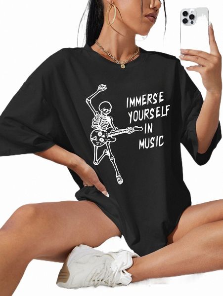 

women's t-shirt skull & slogan graphic oversized tee m6qt#, White