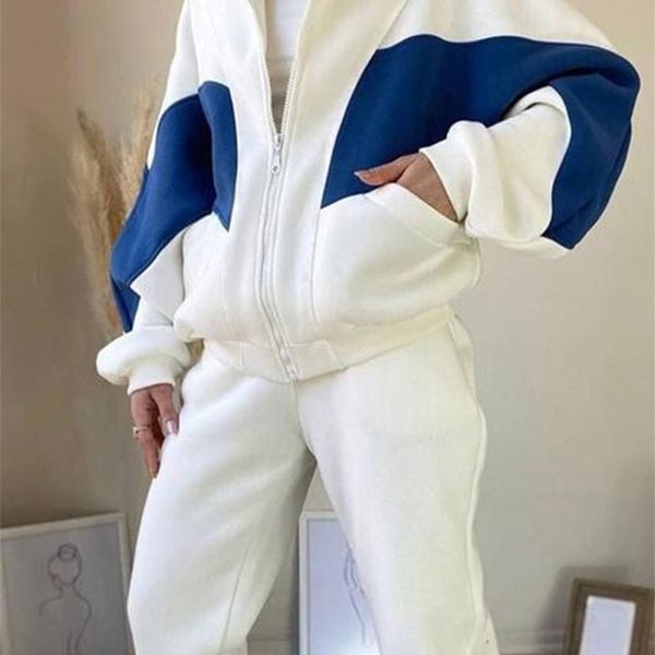 

womens two piece pants womens tracksuit loose patchwork sweatershirt jogger pants two pieces sets female autumn winter sport casual outfits, White