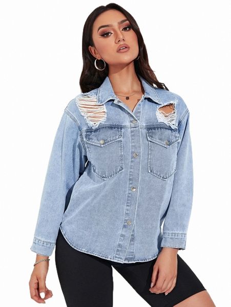 

women's t-shirt ripped flap pocket denim shirt k2yr#, White