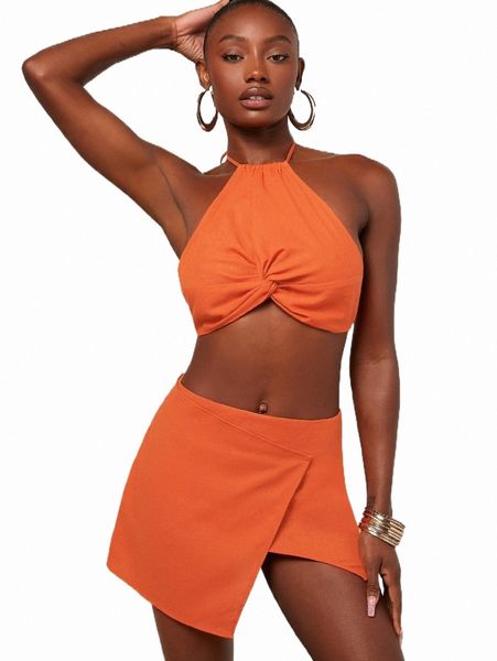 

two piece dress solid twist front crop halter & wrap skirt set i2ck#, White