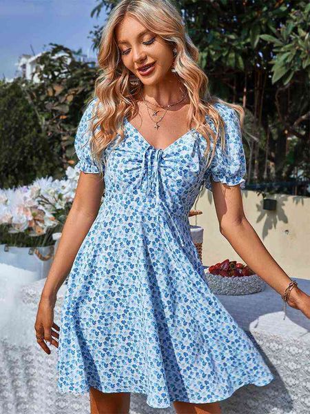

flower print mini dress women 2022 summer puff sleeve v-neck boho bohemian beach short dress ladies holiday casual sundress t220819, Black;gray