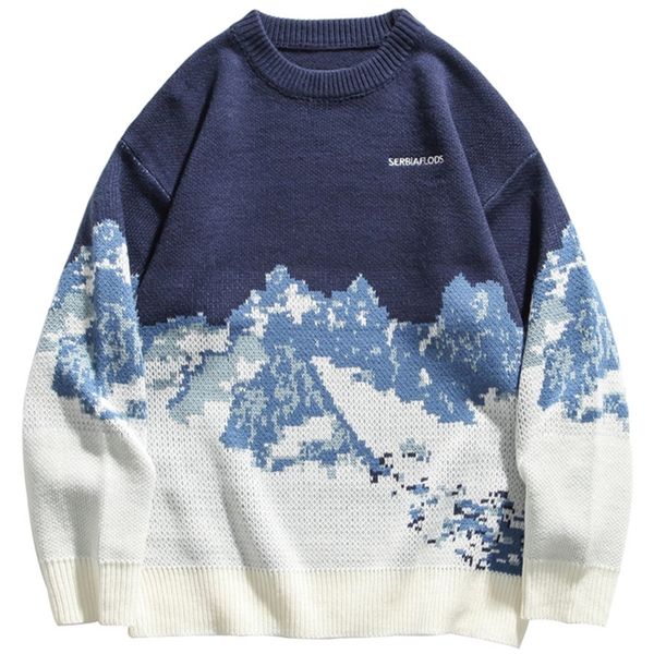 

men's sweaters snow mountain knitted sweater men streetwear hip hop harajuku pullover knitwear winter fashion jumper vintage sweaters, White;black