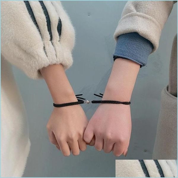 

link chain 2pcs/set couple chain bracelet for women men new elastic rope braided long distance attracting each other magnet yydhhome dhbtp, Black