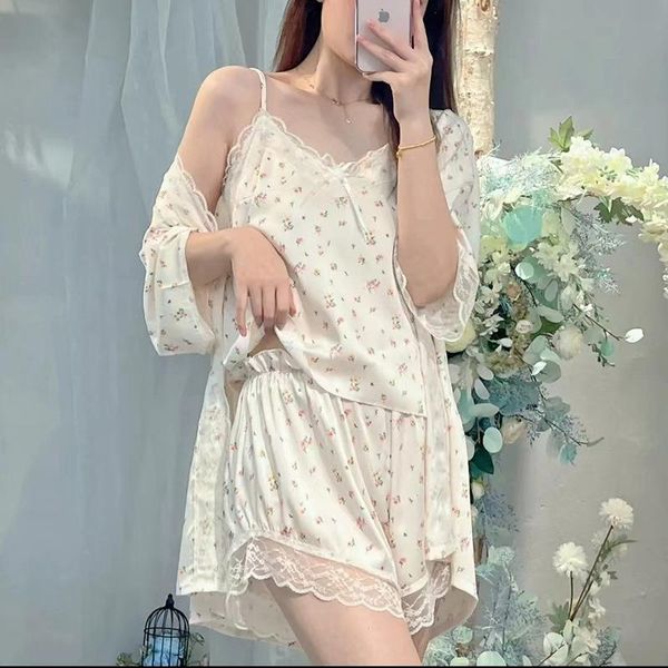 

lace sleepwear trim strap amp shorts sweet girl print flower pajamas set, Black;red