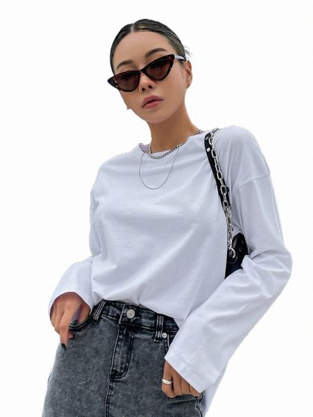 

women's t-shirt dazy solid split hem drop shoulder tee k5dk#, White