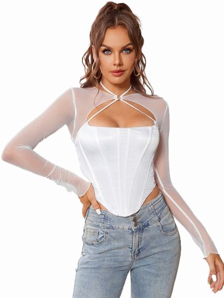 

women's t-shirt parthea cutout mesh spliced satin boning corset 66v8#, White