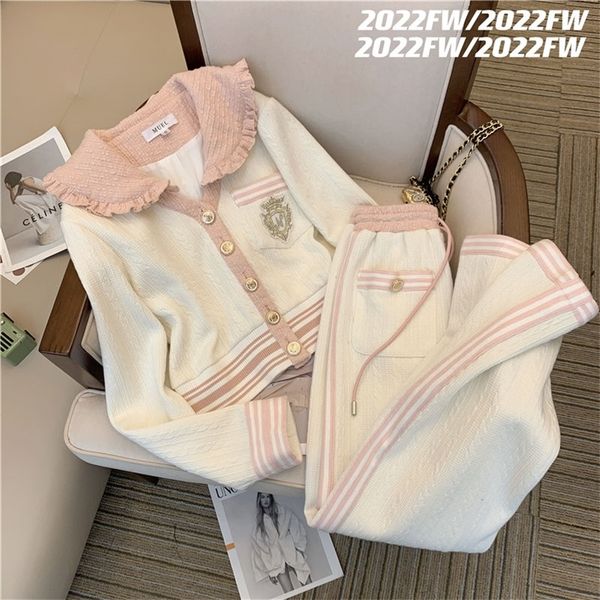 

womens two piece pants luxury casual pants suit doll collar long sleeve coatsbandage pants autumn fashion western style sports twopiece suit, White