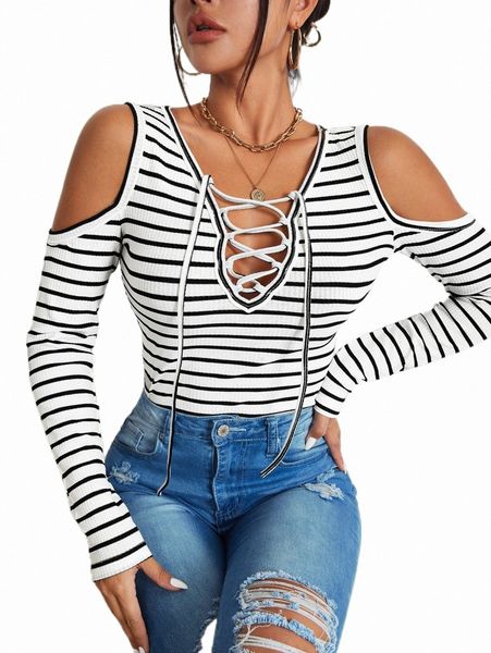 

women's t-shirt striped print cold shoulder lace up w5ah#, White