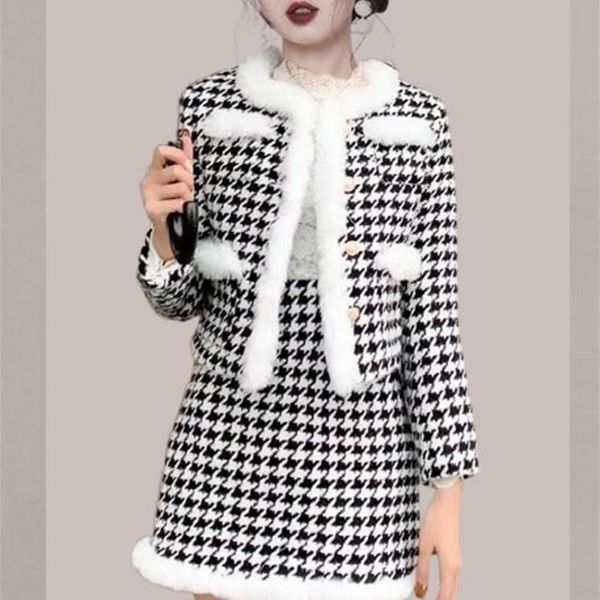 

two piece dress autumn winter tweed 2 piece set women jacket coat mini skirt sets french vintage korean fashion houndstooth suits 220906, White