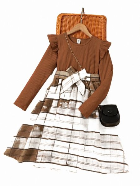 

others apparel girls plaid print ruffle trim belted dress n3tp#, Black;white