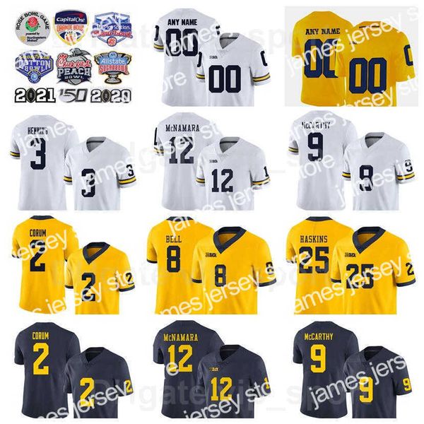 

american college football wear ncaa college football michigan wolverines jersey 12 cade mcnamara 9 jj mccarthy 2 blake corum 3 aj henning 25, Black