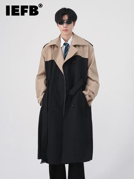 

men's trench coats iefb men's long coat autumn korean fashion splicing color contrast windbreaker longsleeve casual male trench 9a, Tan;black