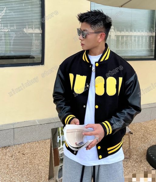 

xinxinbuy men designer coats jacket pineapple embroidery leather panelled sleeve emboss letter women black white m-2xl, Black;brown