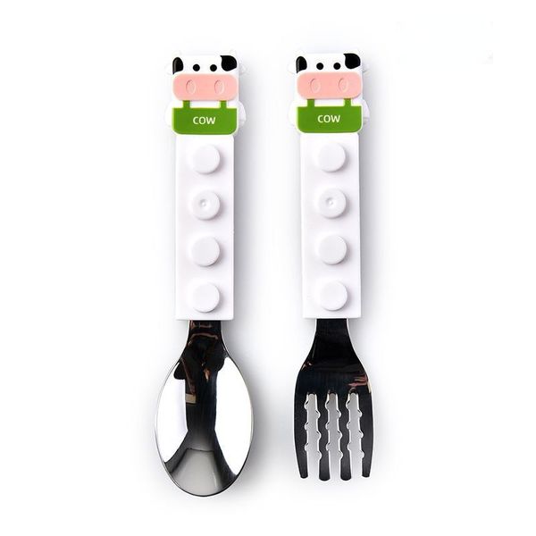 

cups dishes utensils baby spoon 304 stainless steel building blocks portable tableware creative cute cartoon cow and fork set for kids 22090