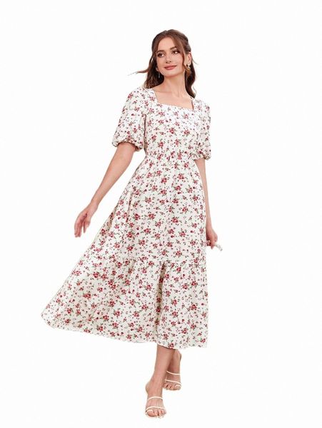 

casual dresses ditsy floral print puff sleeve ruffle hem dress q0nk#, Black;gray