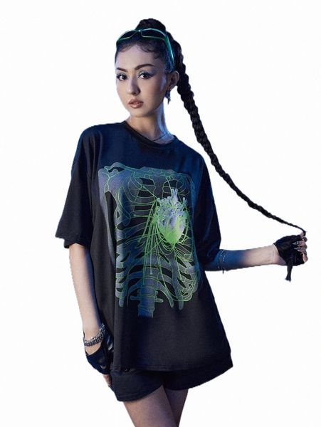 

women's t-shirt romwe cyber luvr skeleton graphic drop shoulder tee c32u#, White