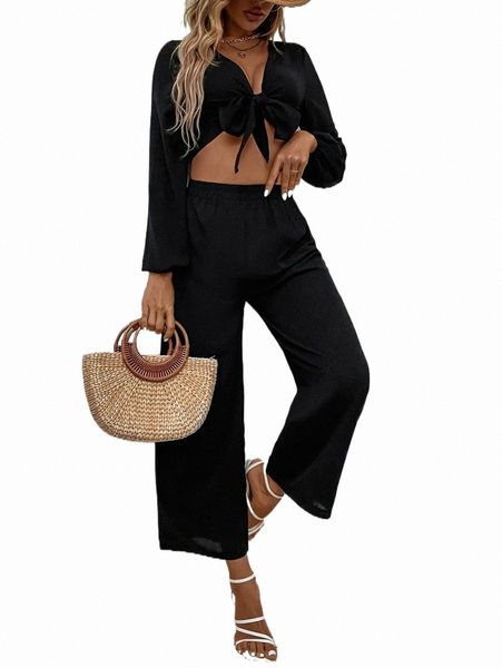 

two piece dress solid tie front crop & wide leg pants z4x5#, White
