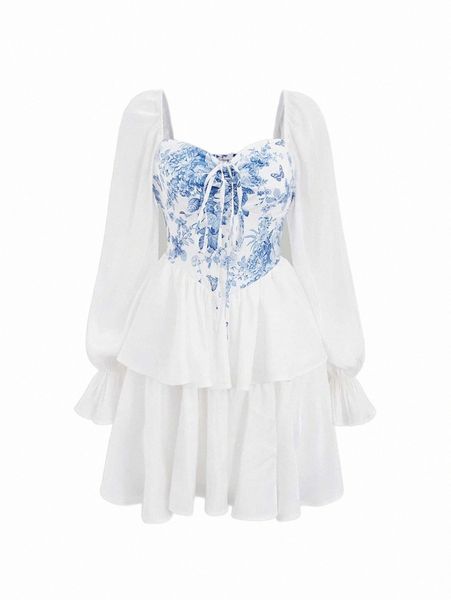 

casual dresses mod floral print flounce sleeve drawstring dress m059#, Black;gray