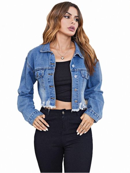 

women's jackets ripped raw trim drop shoulder denim jacket c37v#, Black;brown