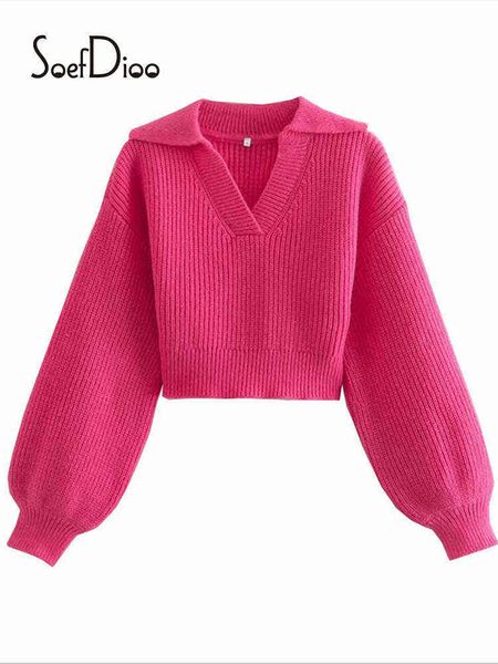 

women's sweaters soefdioo rose red lapel lantern sleeve sweaters women fashion knitted cropped pullovers autumn 2022 crop vintage stre, White;black