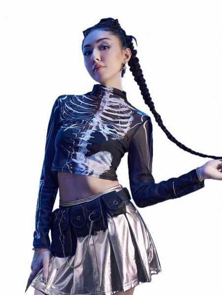 

women's t-shirt romwe cyber luvr skeleton print mesh k6d6#, White