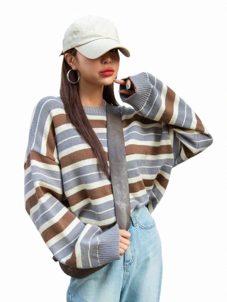 

women's sweaters dazy color-block stripe pattern drop shoulder sweater s5fc#, White;black