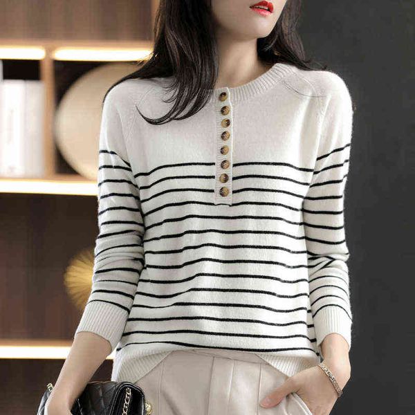 

women's sweaters 100% cotton bottoming shirt ladies round neck striped spring new long sleeve pullovers knit thin sweater loose casual, White;black
