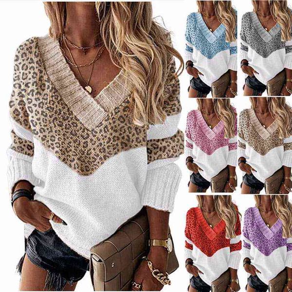 

women's sweaters vintage leopard printed sweater for women autumn winter fashion v-neck knitted pullover ladies patchwork knitted jump, White;black