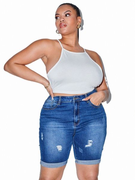 

women's shorts plus high waist ripped roll up hem denim shorts 44fj#, White;black