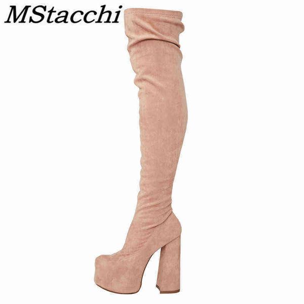 

boots elastic fabric women over the knee boots ladies high platform shoes solid color suede zipper side crude heel long botas mujer 220729, Black